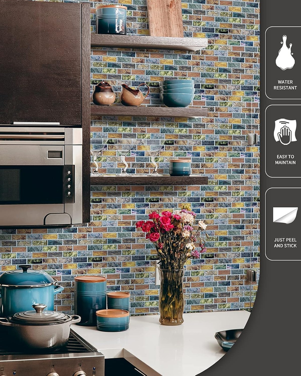 Peel and Stick Vinyl Backsplash Tiles 12 Inch Colorful Marble 10 Piece Set for