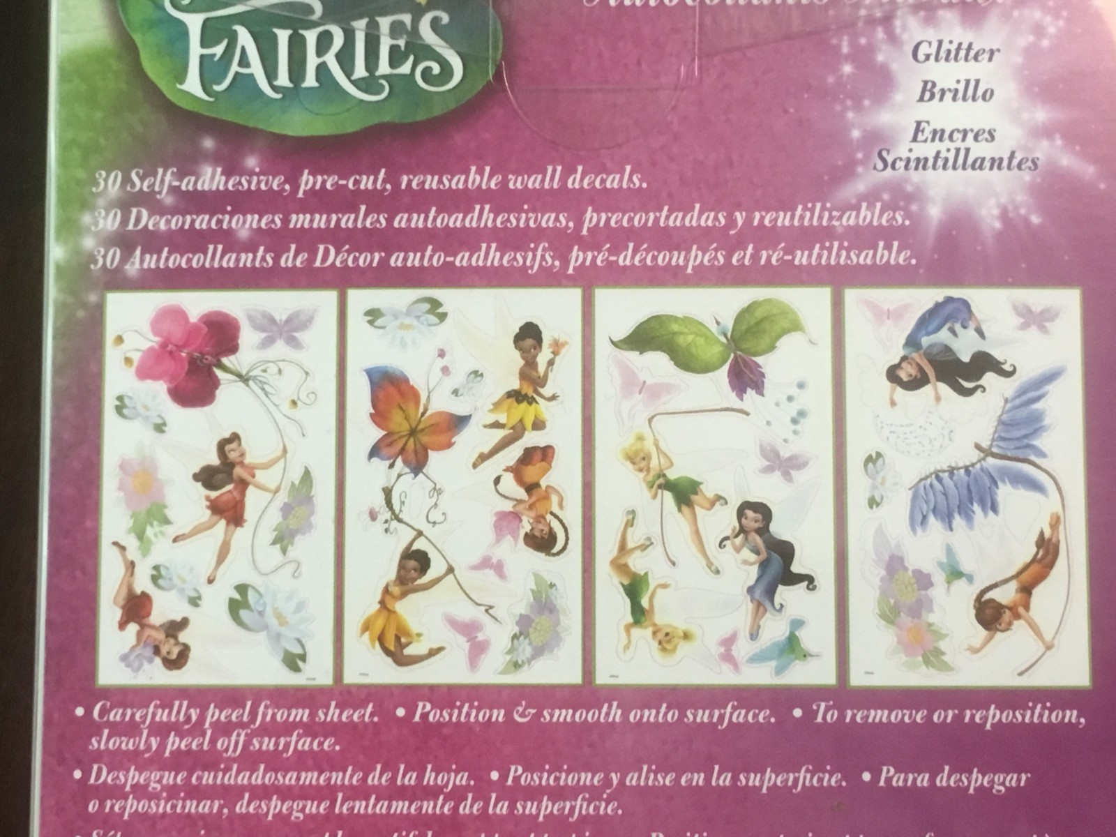 New RoomMates Disney Fairies Peel & Stick Wall Decals with Glitter 30 Pcs