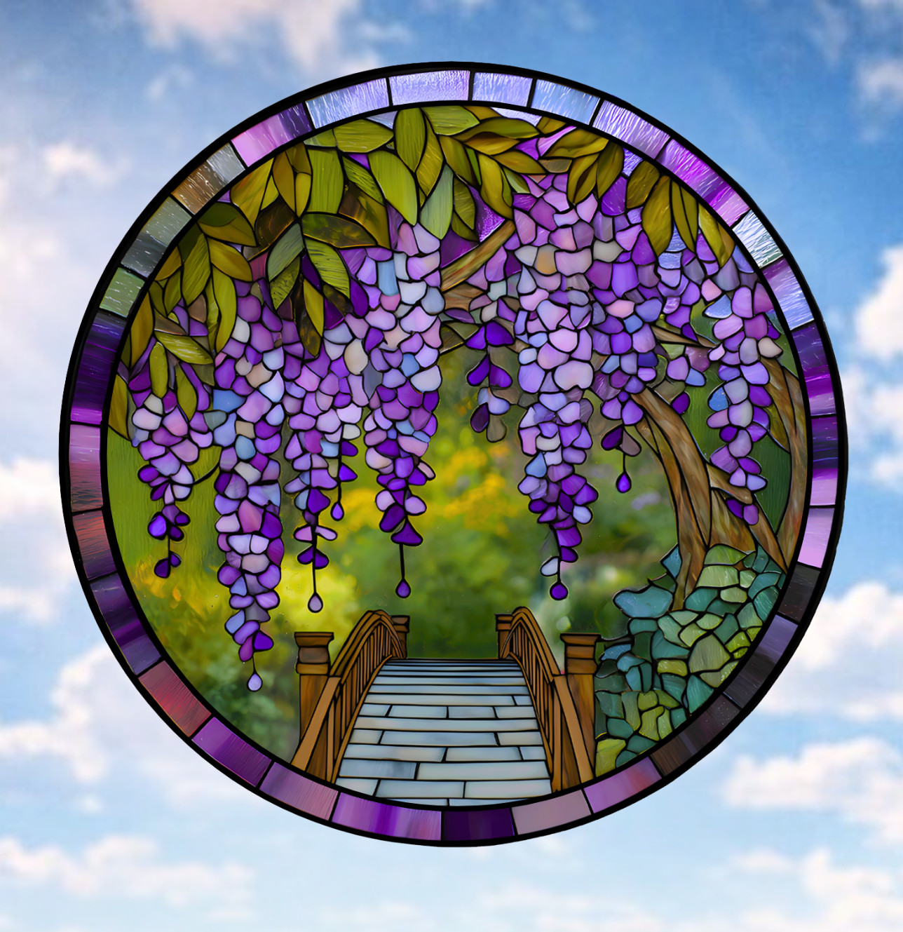 Wisteria Flowers Faux Stained-Glass WINDOW CLING Size 8" Round Vinyl
