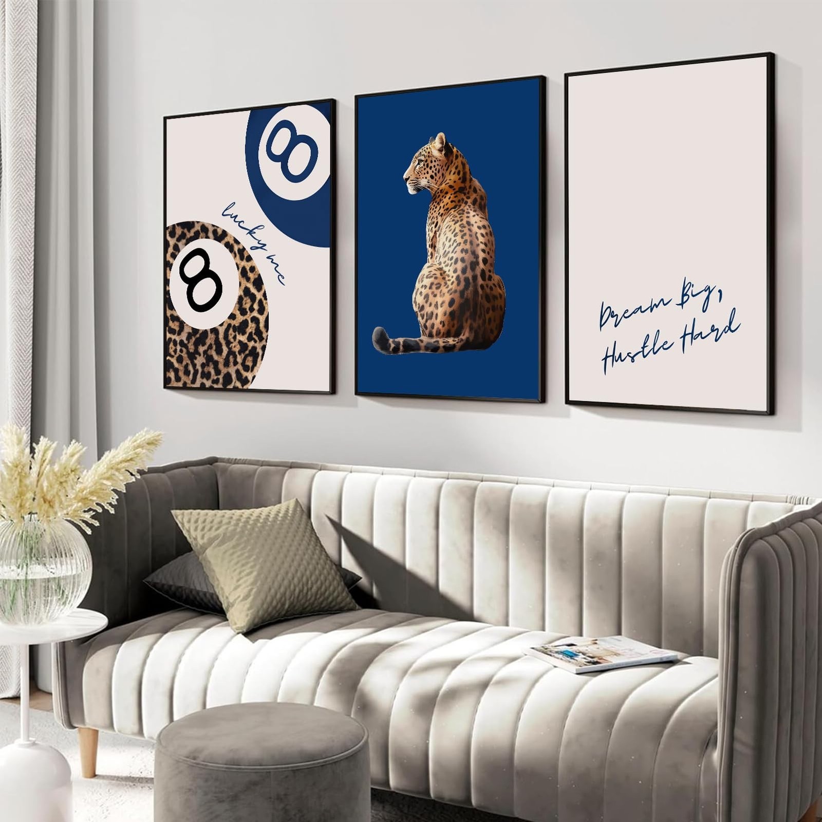 Navy Blue 3 Pcs Leopard Print Wall Art Cheetah animal prints 8 Ball Lucky Me …