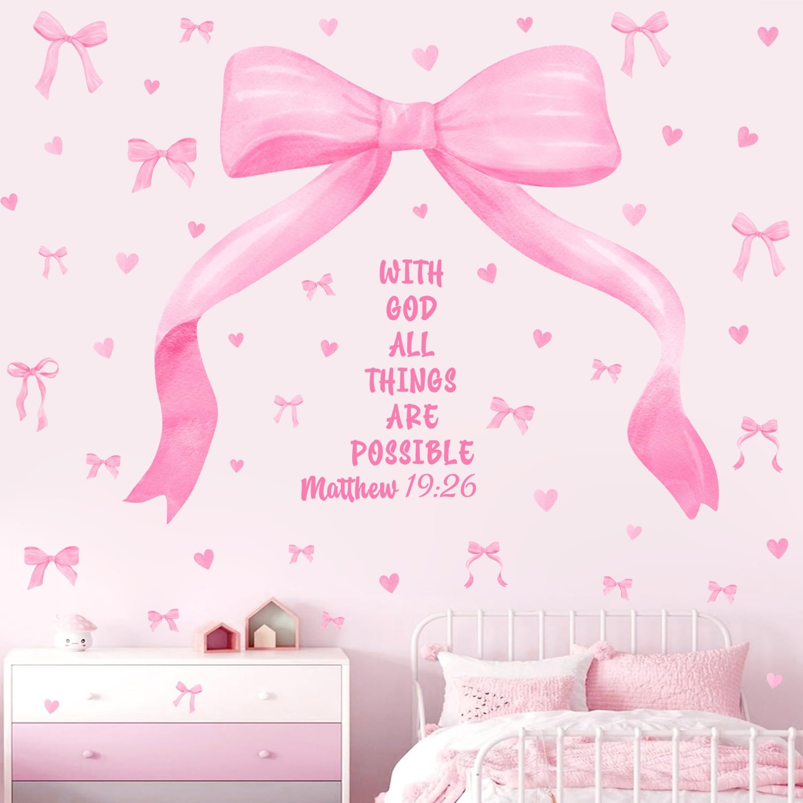 Large Watercolor Girls Room Wall Decals Pink Bow Wall Stickers Peel and Stick…
