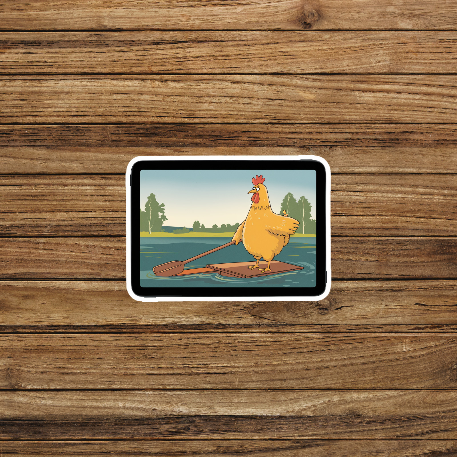 Funny Cartoon Chicken Rowing Sticker – Cute Animal Adventure Laptop Decal #2571