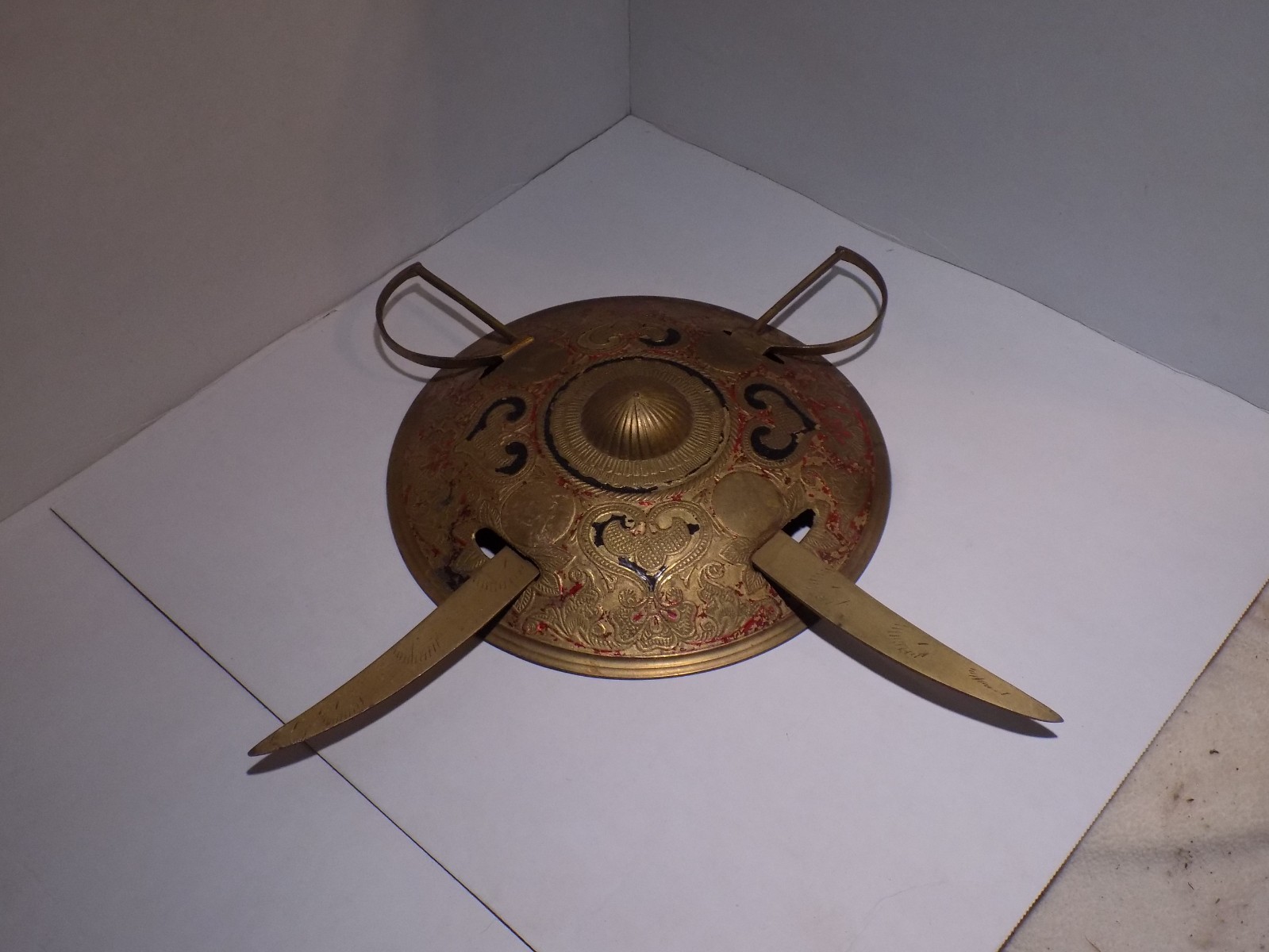 Decorative Brass Shield with Two Swords, Enamel Work Wall Hanging Showpiece Gift