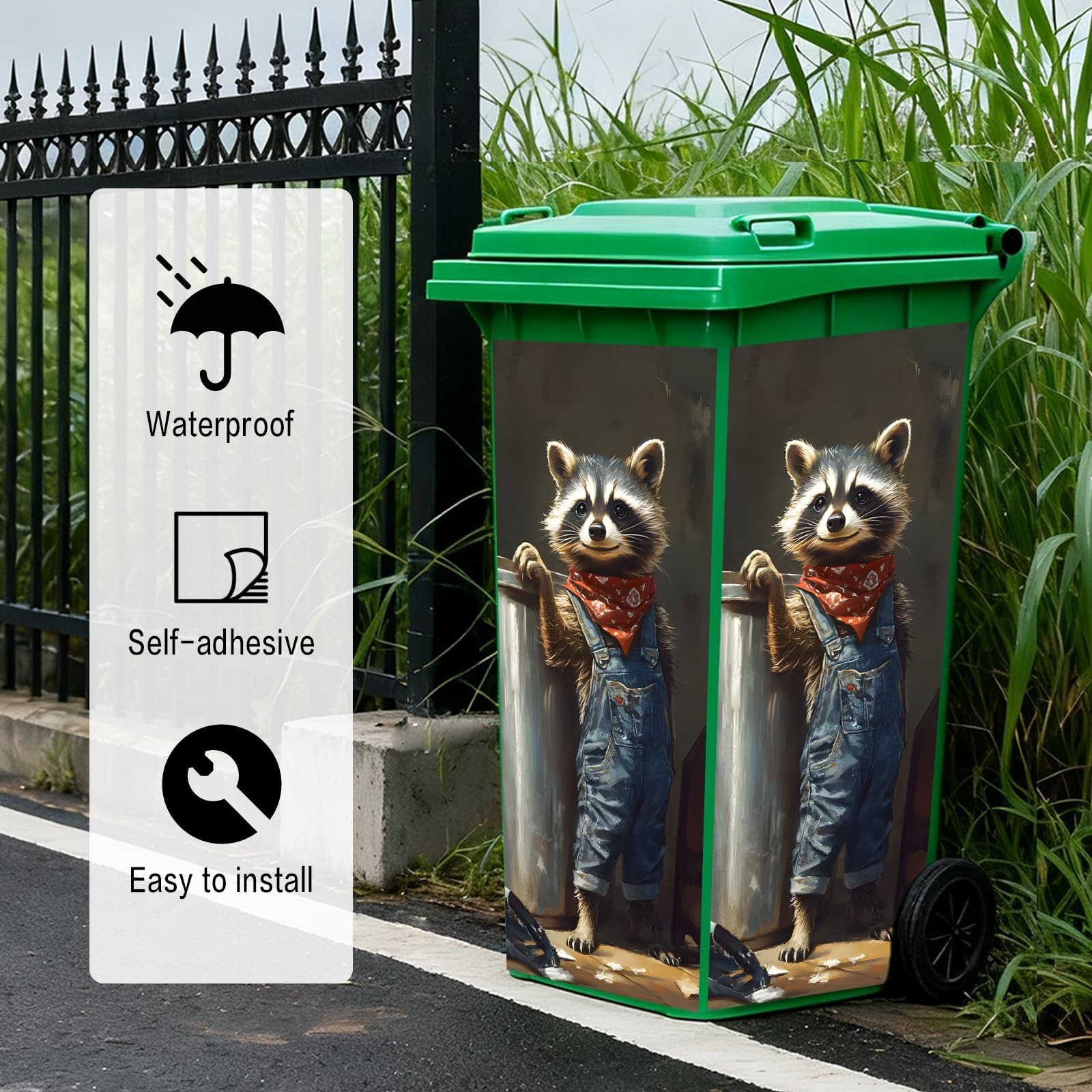 Funny Raccoon Worker Garbage Pail Stickers – PVC Trash Can Decor 14.57×32.28
