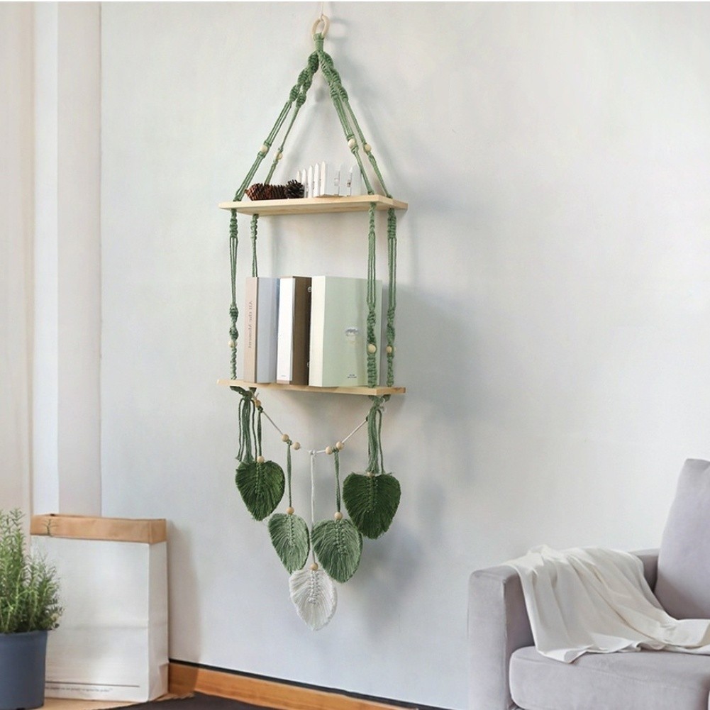 Green Woven Wall Shelf for Plants Bohemian Macrame For Living Room Decor