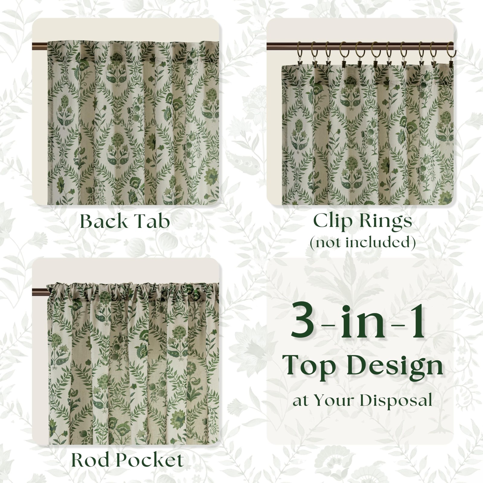 Green Floral Linen Curtains 84 Inch Length for Living Room Bedroom 2 Panels S…