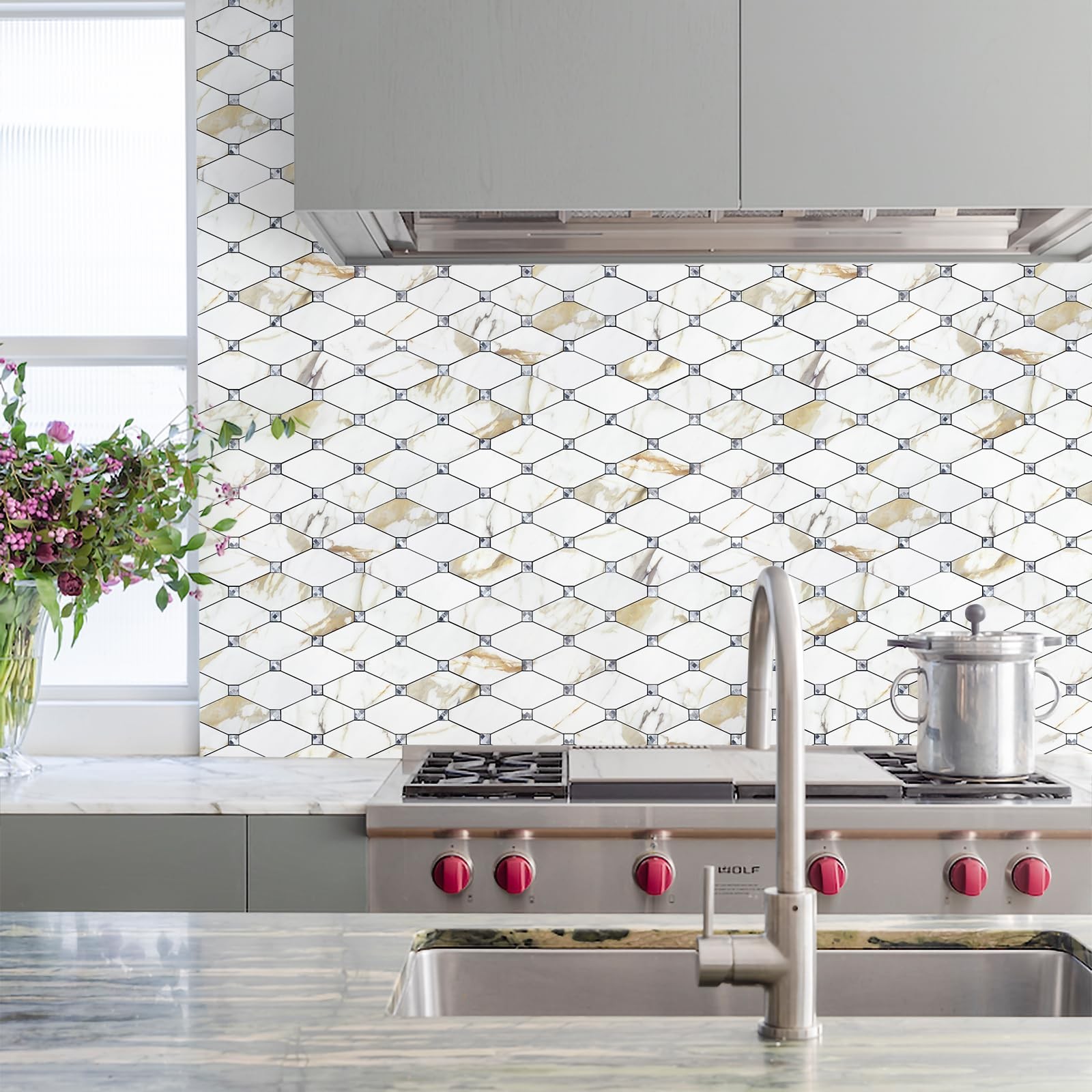 STICKGOO Peel & Stick Backsplash – 10 Sheets Calacatta Gold PVC Mosaic Tiles