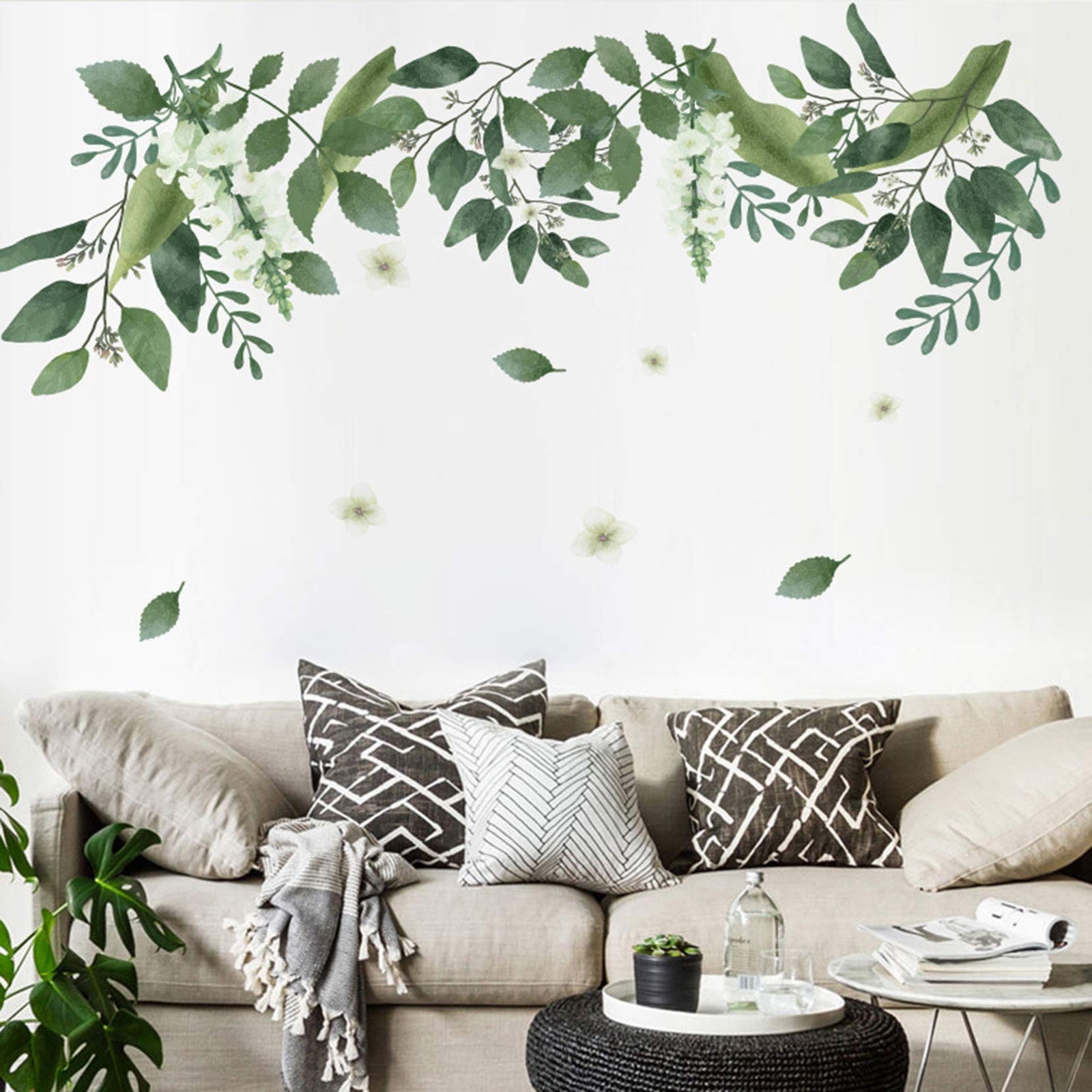 Green Hanging Leaf Wall Decals, Removable Fresh Plant Leaves Flower Vines Wal…