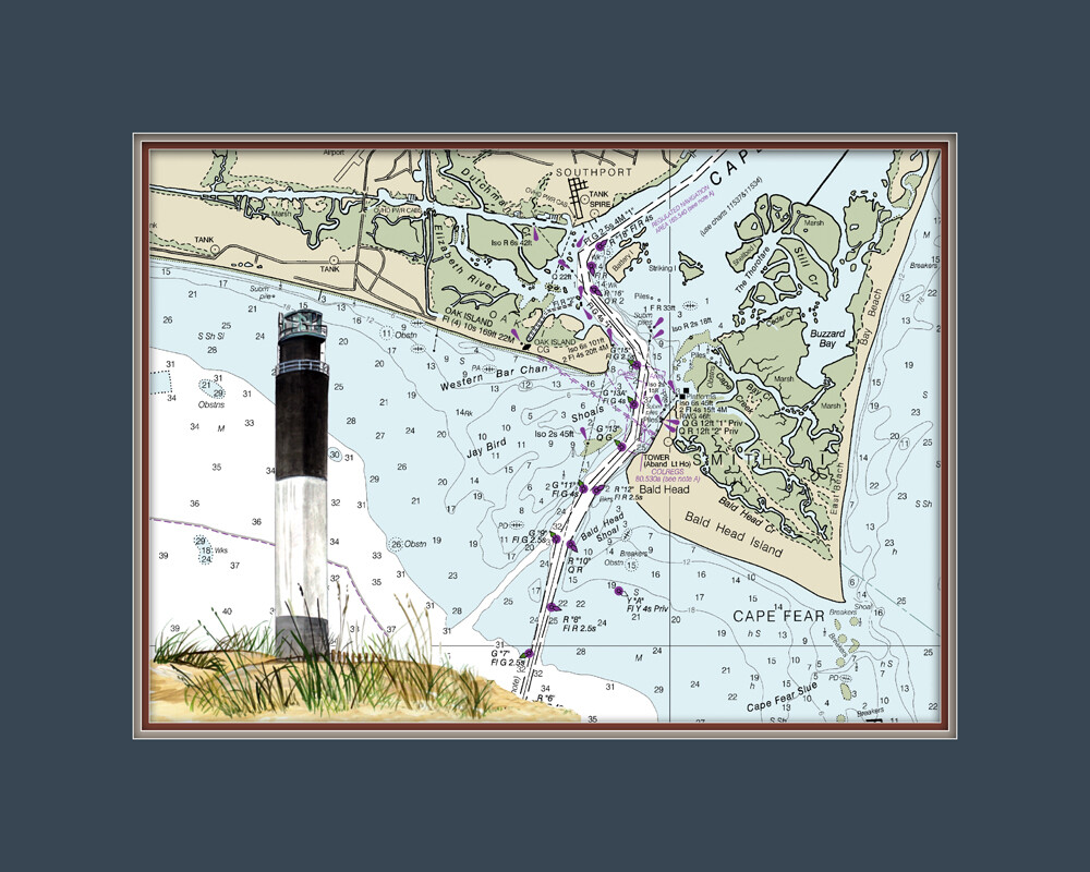 Oak Island, NC Lighthouse and Nautical Chart High Quality Canvas Print
