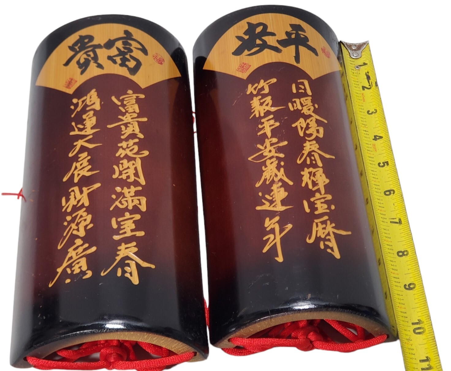 Pair Of Wood Plaque Chinese Writing Knot Tassels Feng Shui Home Wall Decor Art