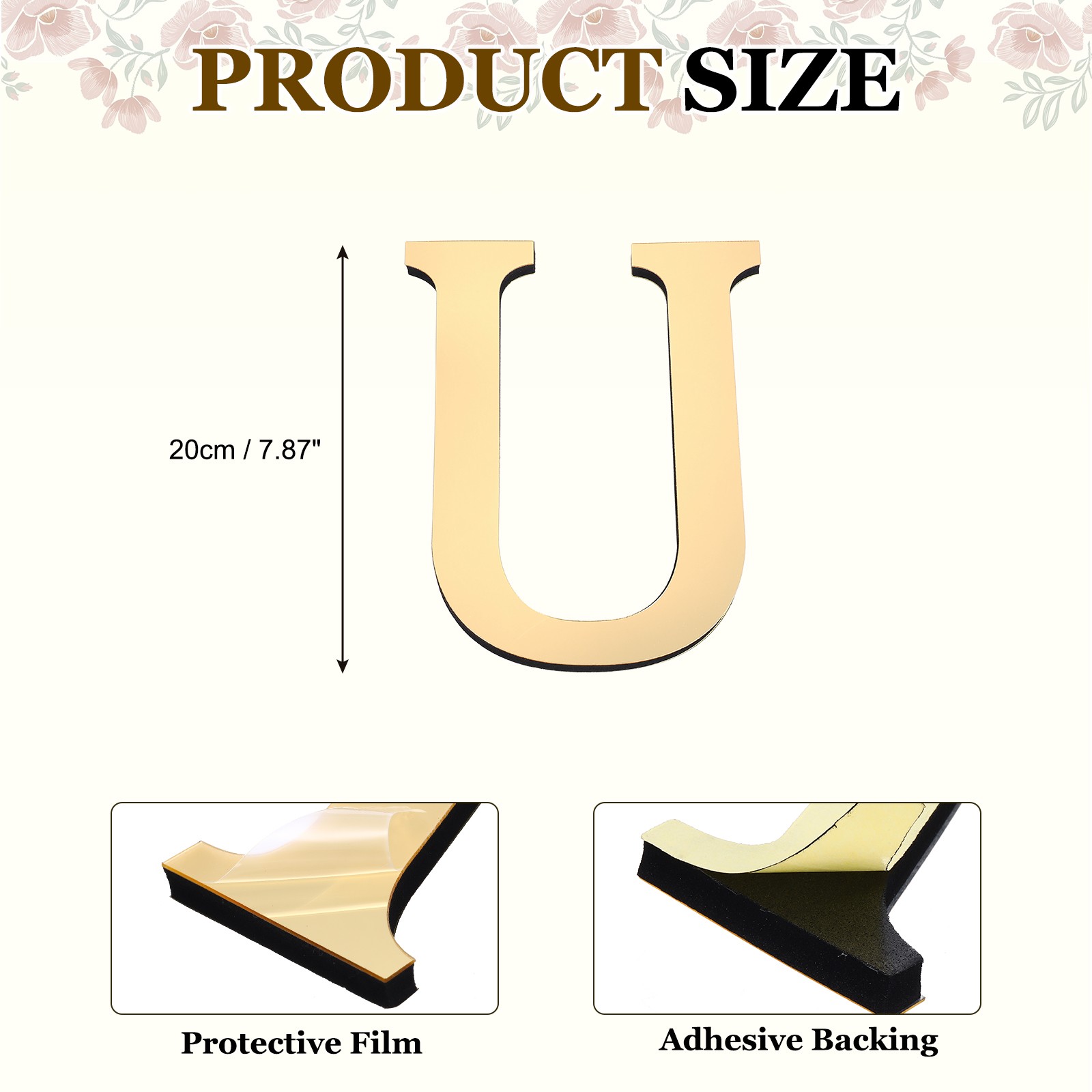 7.87 Inch 3D Acrylic Alphabet Mirror Wall Stickers Letter U Light Gold