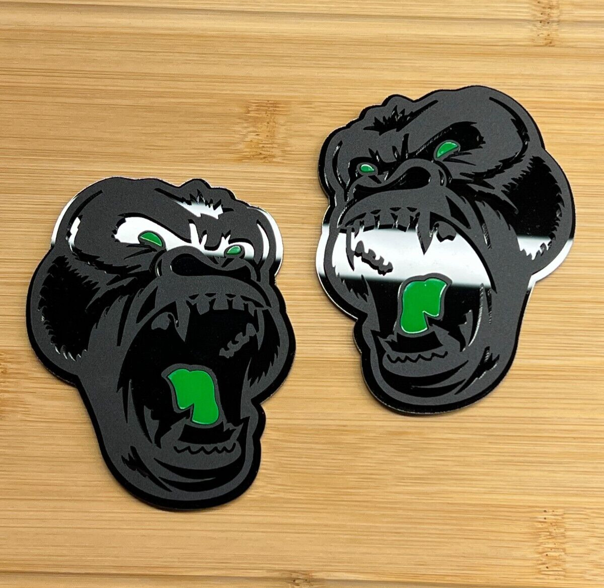 Angry Gorilla Green Eye Car Truck Emblem Badge Matte Black /Black Custom PK of 2