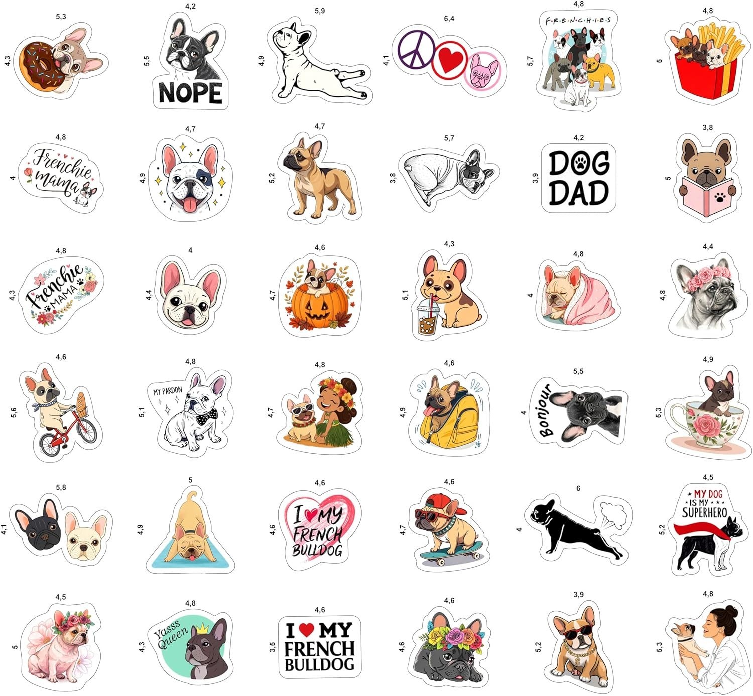 Durable French Bulldog Vinyl Sticker Pack – 100 Waterproof Stickers for All Ages