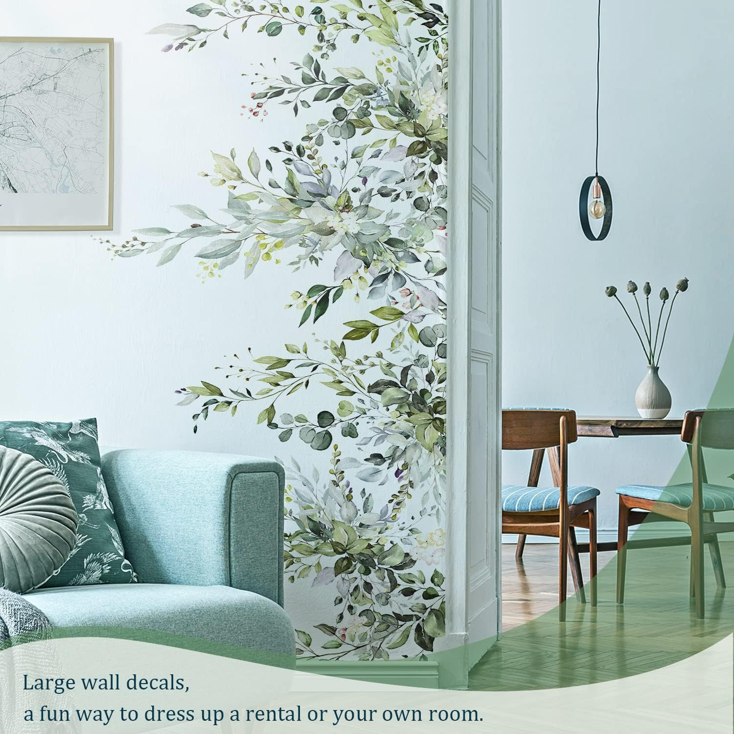 Green Plants Leaves Wall Decals Peel and Stick, Large Floral Flowers Wall Sticke