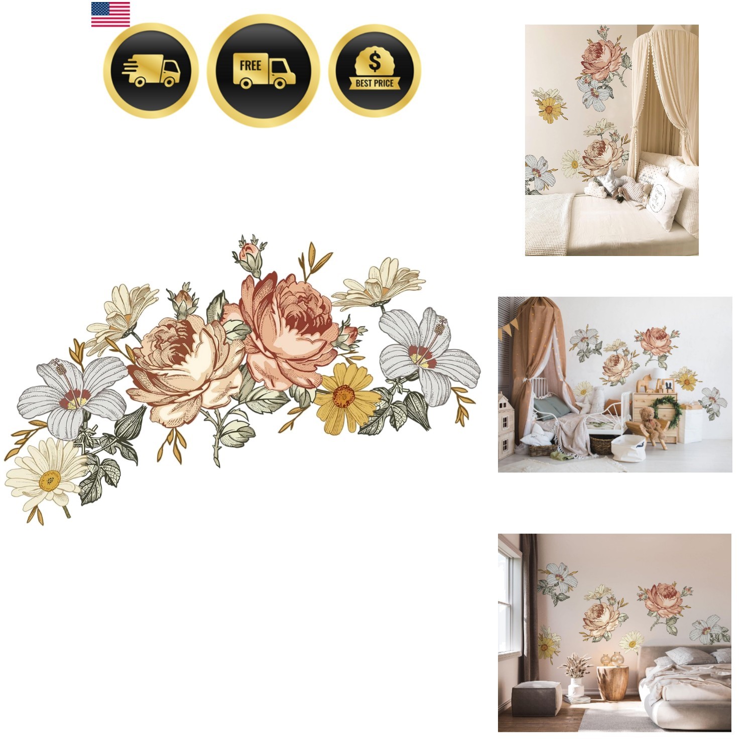 Kids Floral Wall Decal Soft Vintage Peony Flower Wall Sticker