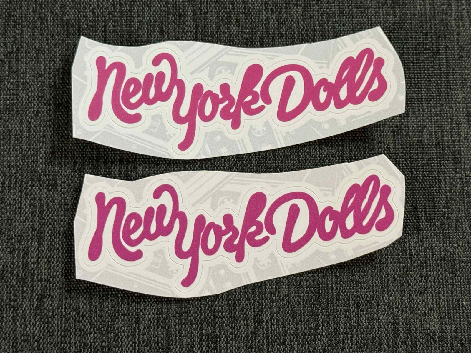 Lot (2) NEW YORK DOLLS 1 1/4" x 3 3/4" Band Logo STICKERS Pink White FAST! FREE!