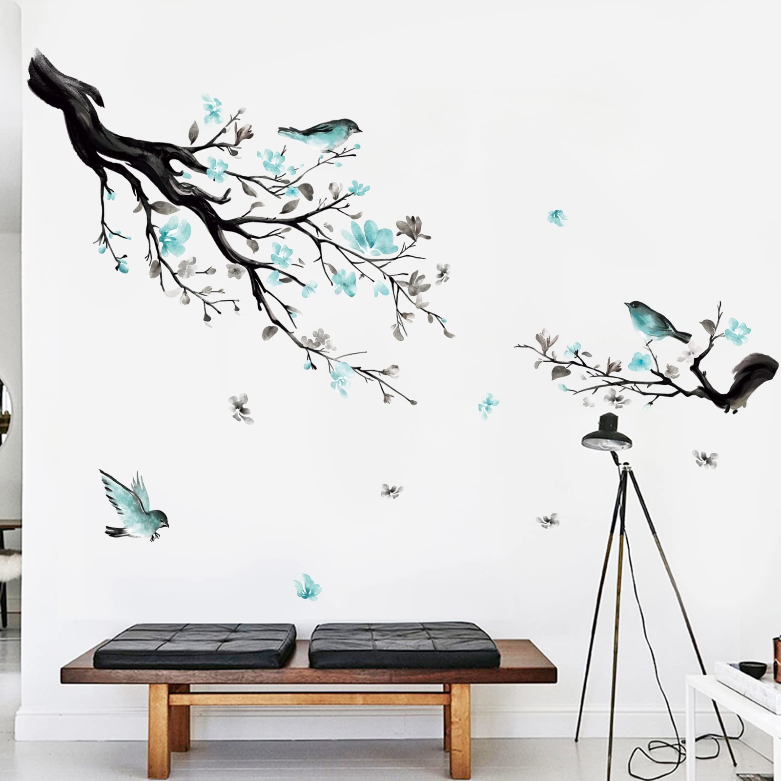 decalmile Watercolor Blue Flower Wall Decals Blossom Bird Tree Branch Wall St…
