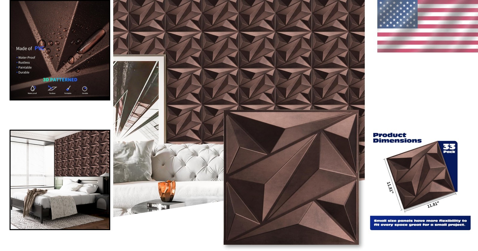 Durable Antique Copper 33-Pack 3D Textured Wall Panels – 32 Sq.Ft. Coverage