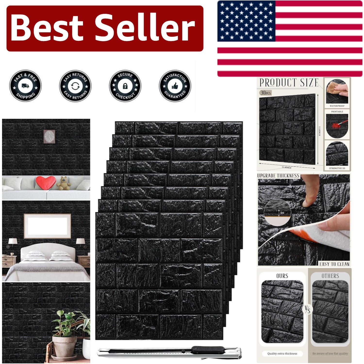 Decorative Self-Adhesive Brick Wall Panels – 30 Pcs Waterproof & Easy to Clean