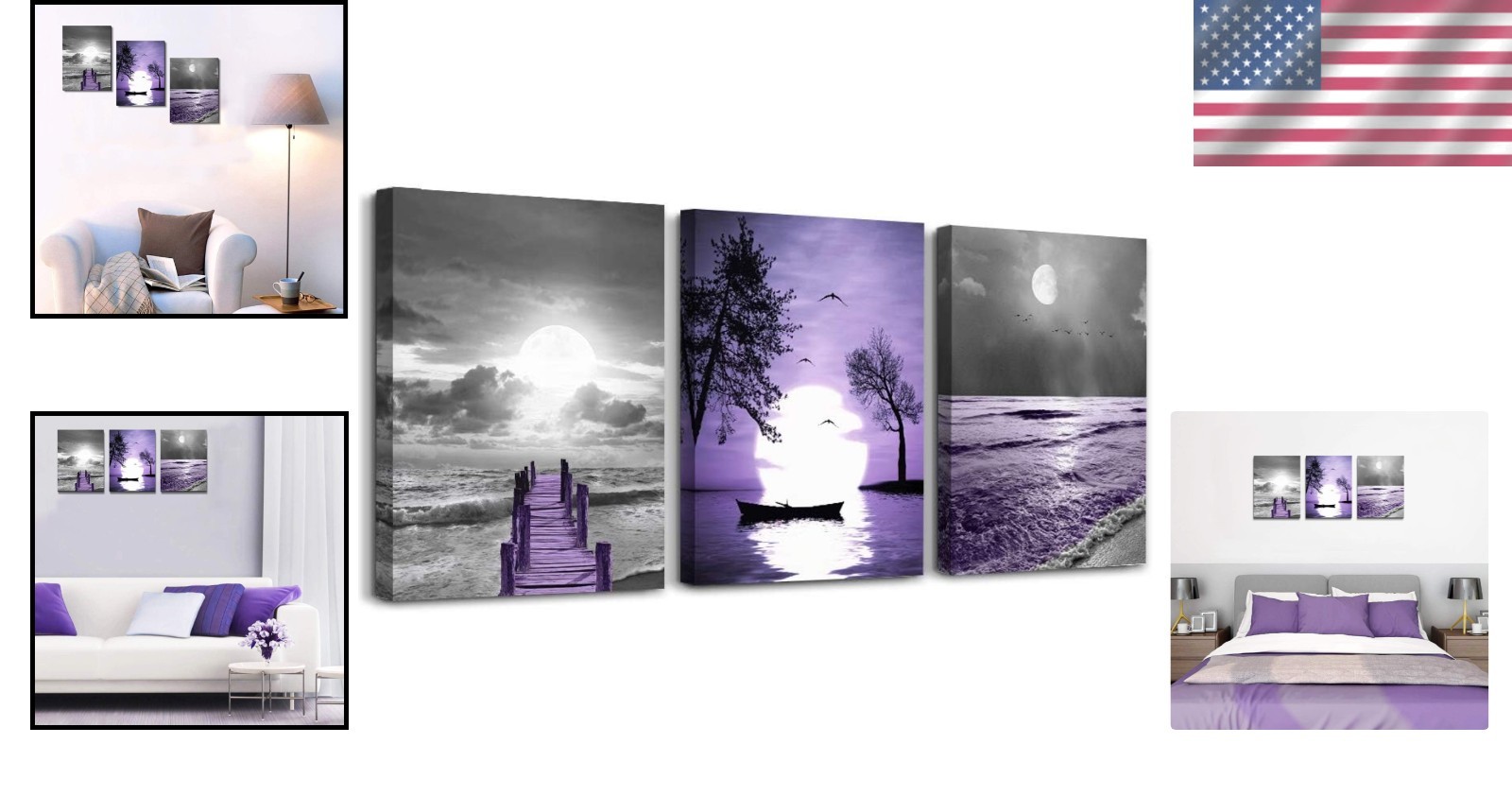 Contemporary 3-Piece Canvas Wall Decor – Vibrant Purple Seascapes for Home