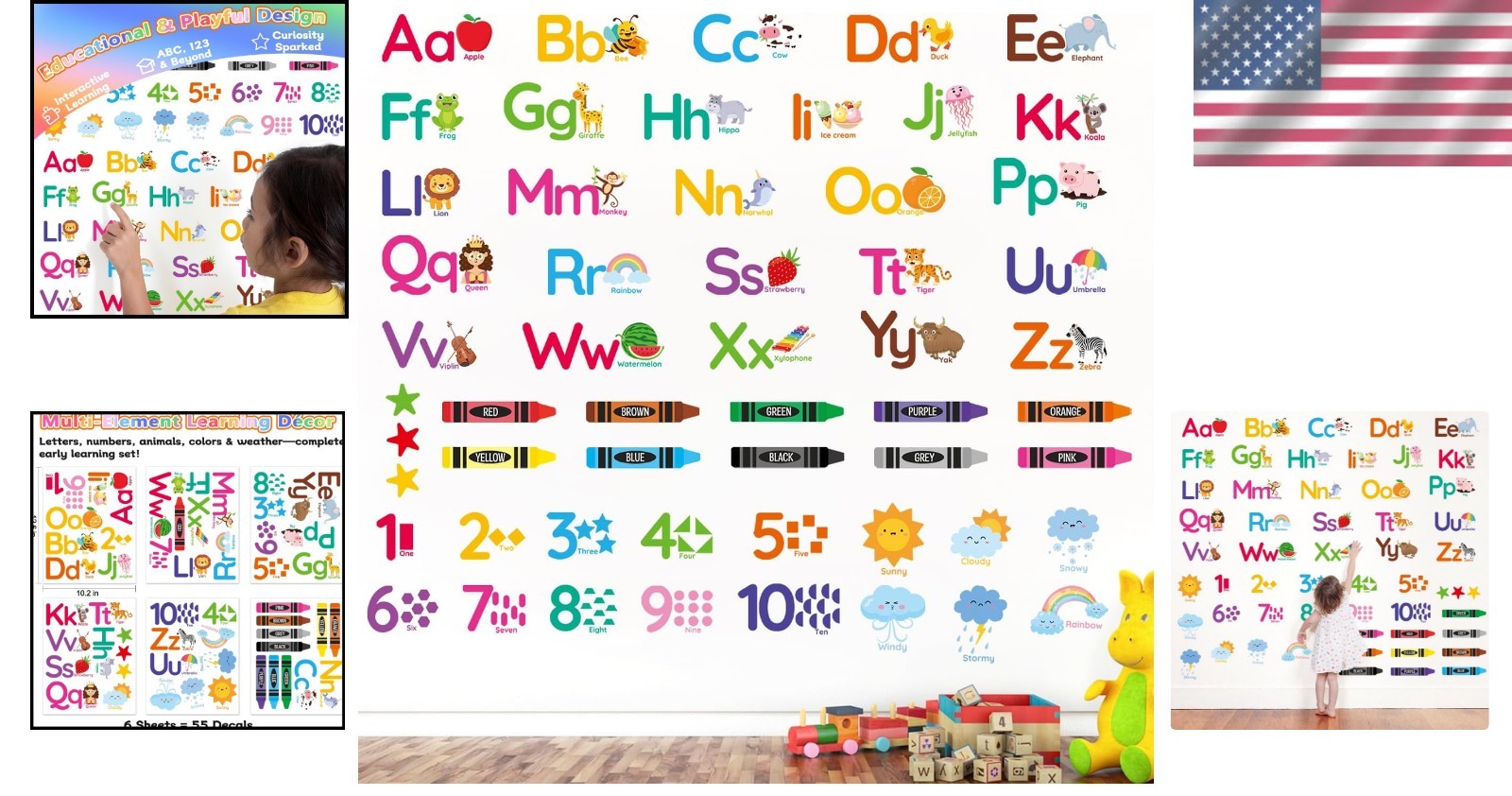 Educational Wall Decals for Kids Animal Alphabet Numbers Colors Classroom Decor