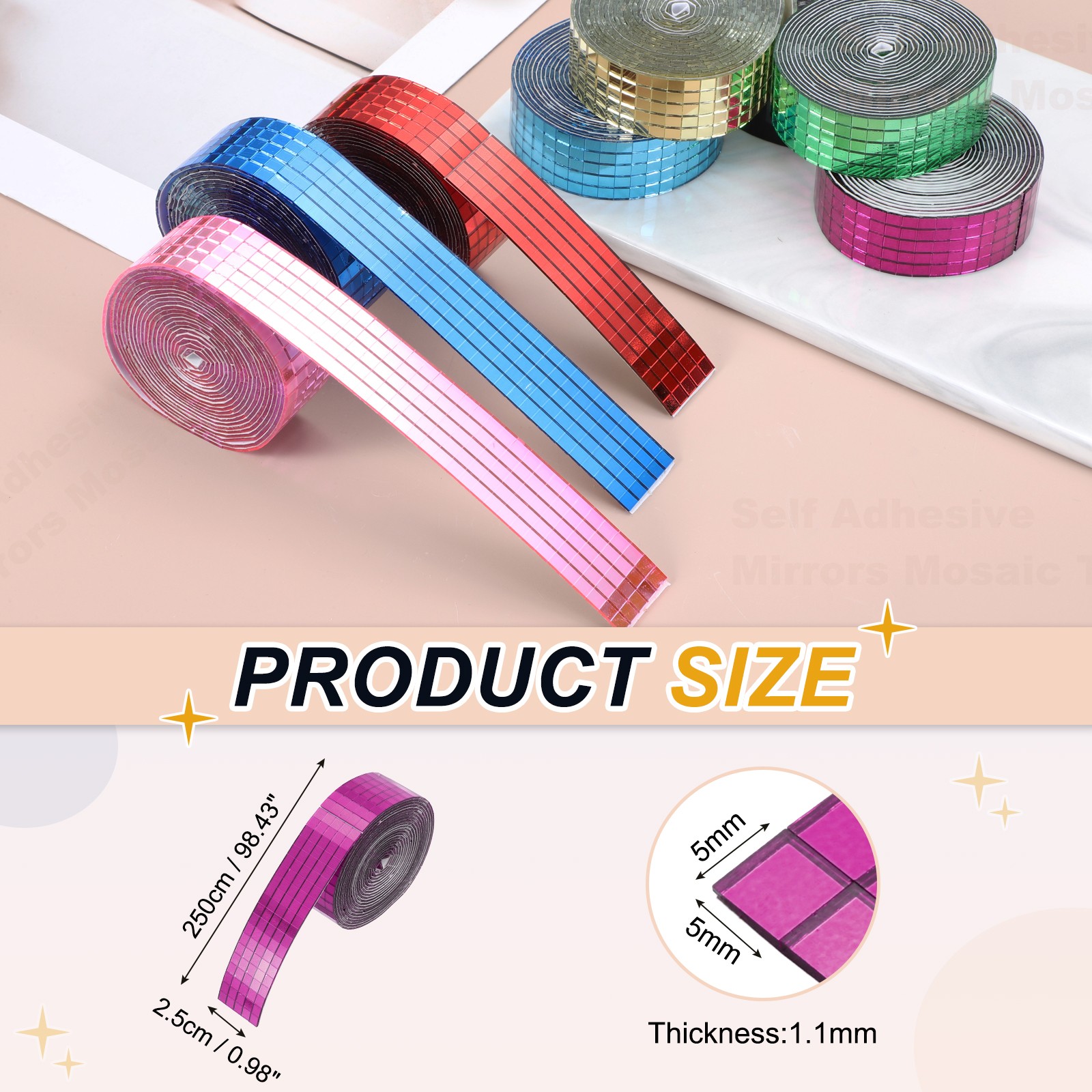 5x5mm Self Adhesive Mirrors Mosaic Tiles, 2500 Pcs Mosaic Sticker, Rose Red