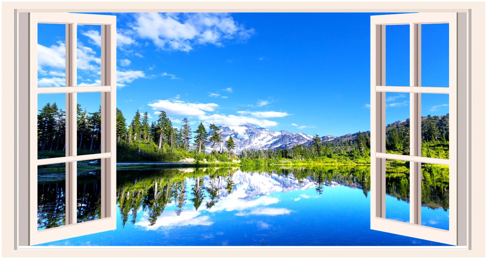 Fake Window Wall Stickers 3D Forest Lake View Mountain 3d Scenery a