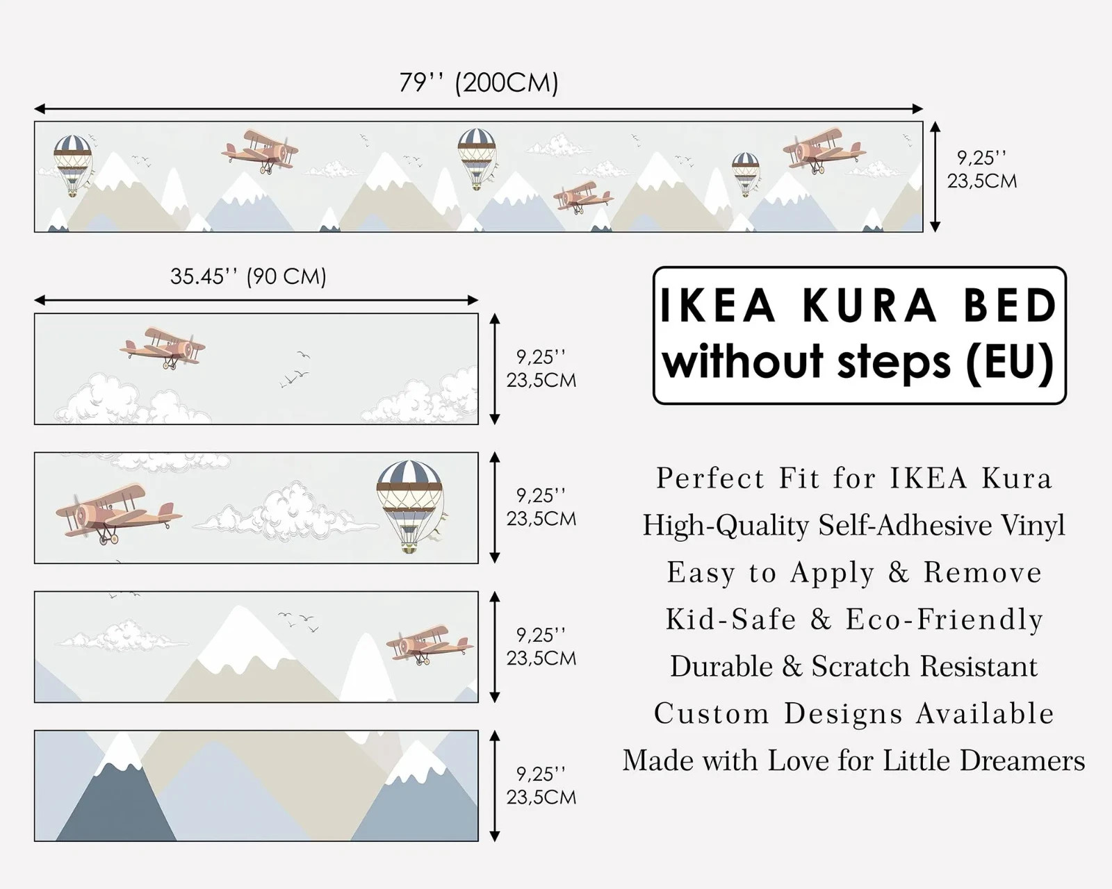 Vintage Aviation Decals for IKEA KURA Bed – Neutral Airplane & Mountain