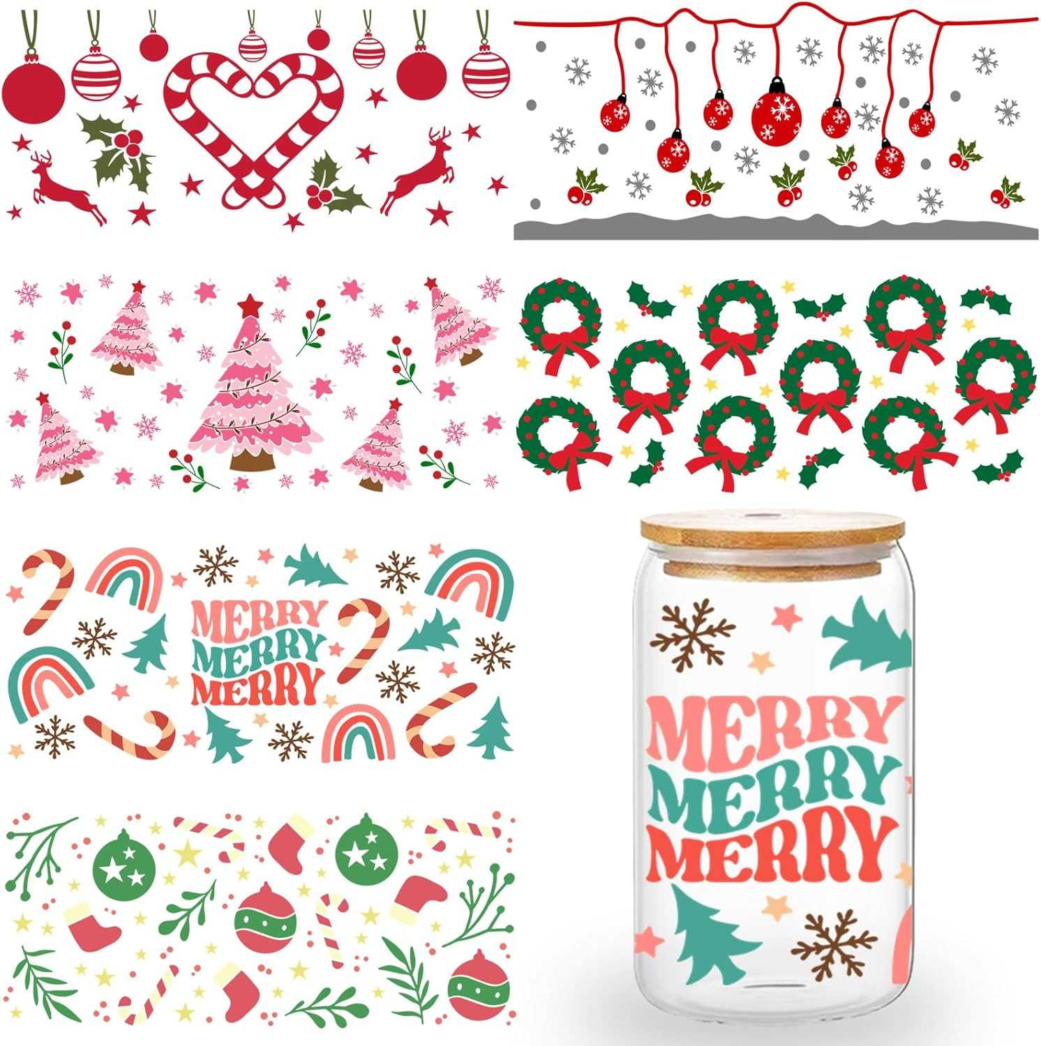 Christmas UV DTF Cup Wraps Set – 6 Count, Colorful Art Deco Letter Print Vinyl S