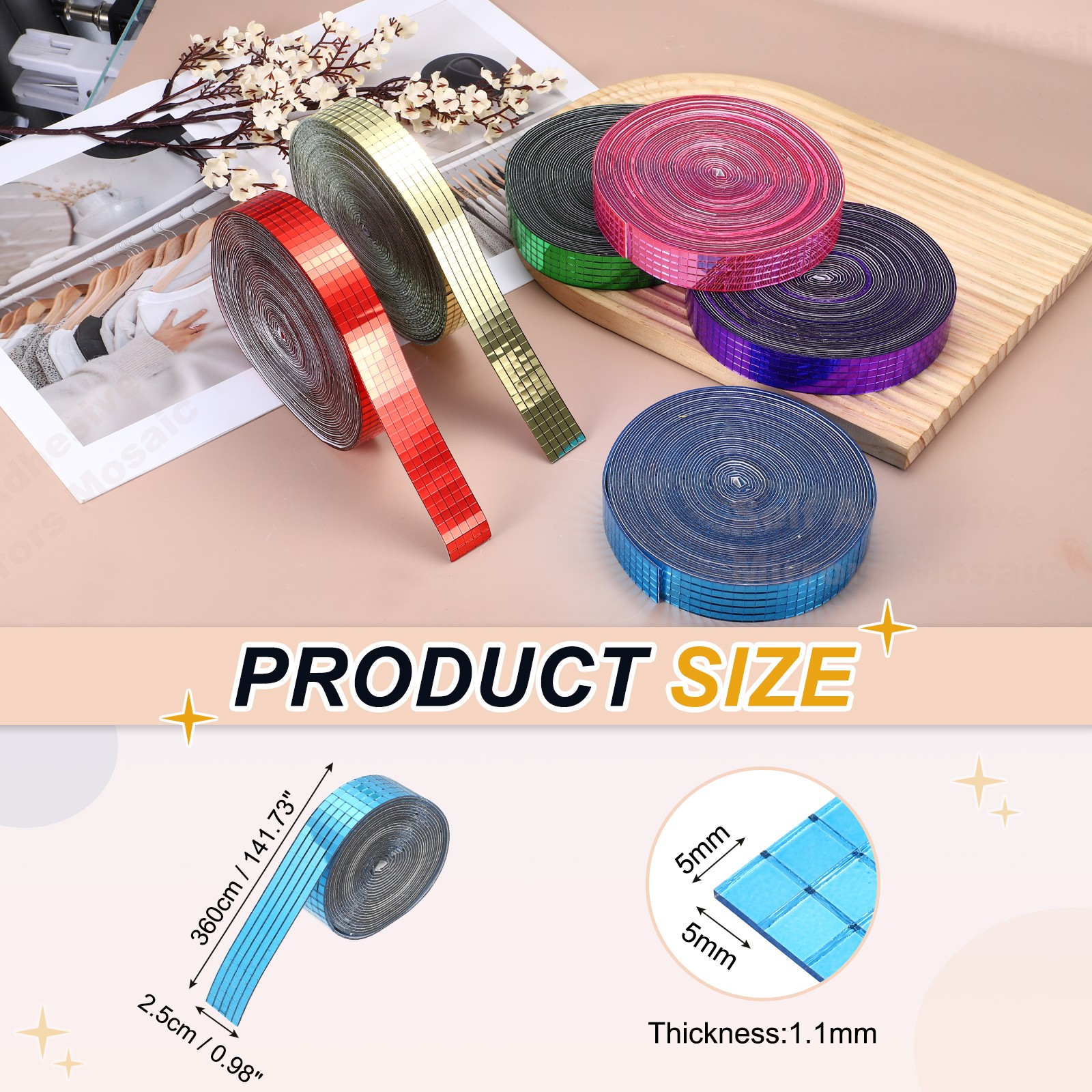 5x5mm Self Adhesive Mirrors Mosaic Tiles, 3600 Pcs Mosaic Sticker, Light Blue