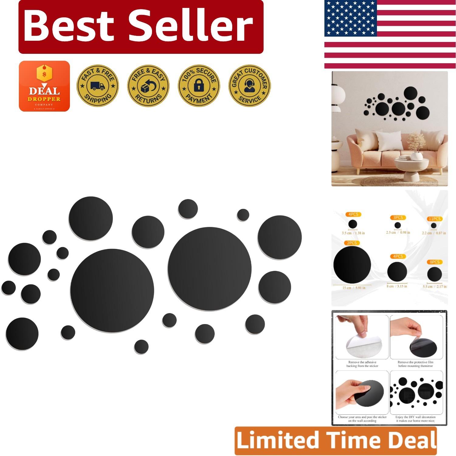 Modern Black Acrylic Round Mirror Wall Decals – 32 Pcs for Bright Living Spaces