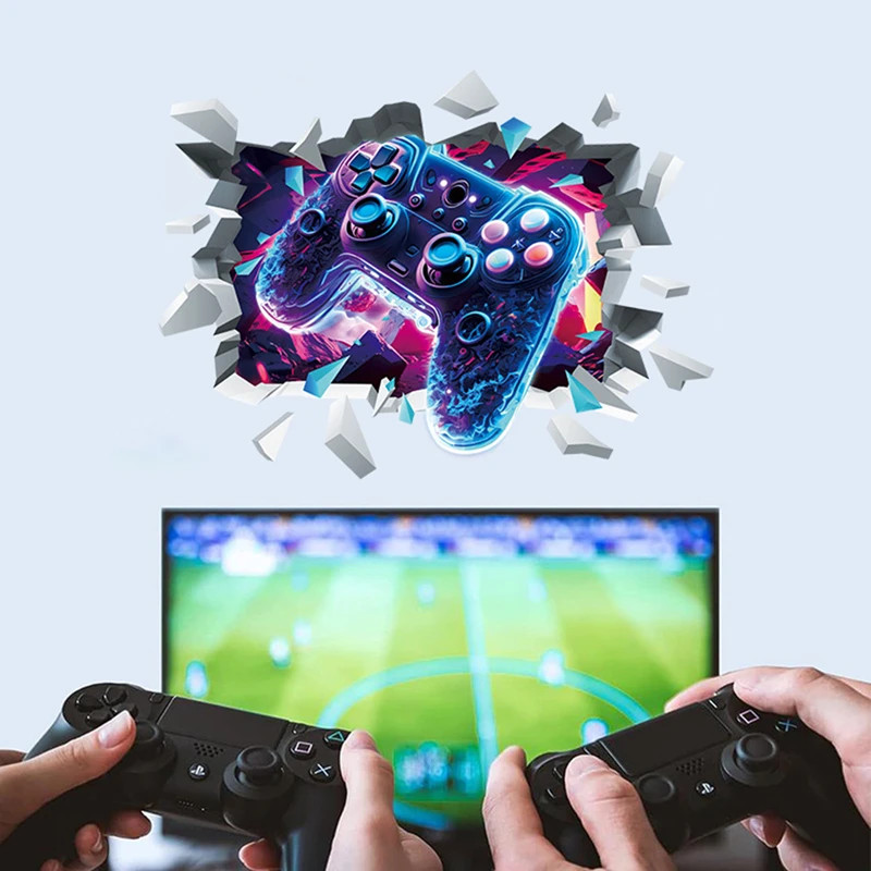 3D Broken Wall Gaming Controller Vinyl Sticker Kids Room Boy Bedroom Decor
