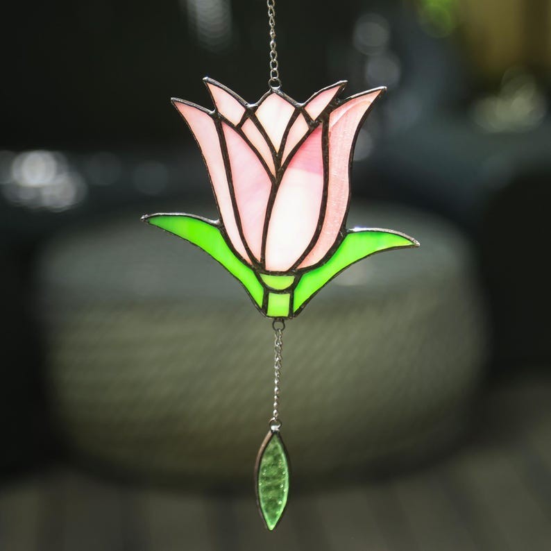 Unmarked Stained Glass Pink & Green Flower Suncatcher, Ready To Hang