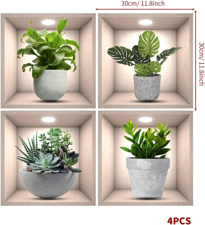 4 Pack 3D Green Plants Wall Stickers Botanical Plants Wall Decals for Bedroom Li