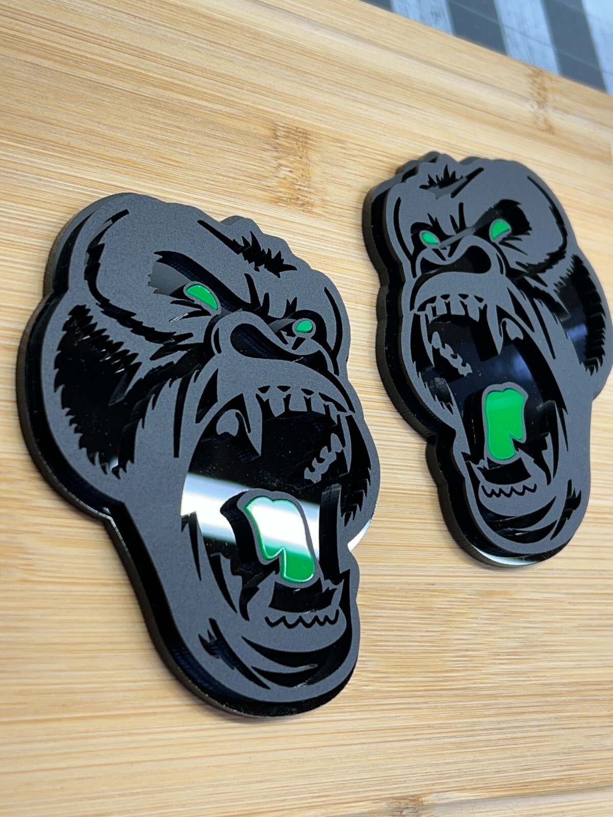 Angry Gorilla Green Eye Car Truck Emblem Badge Matte Black /Black Custom PK of 2