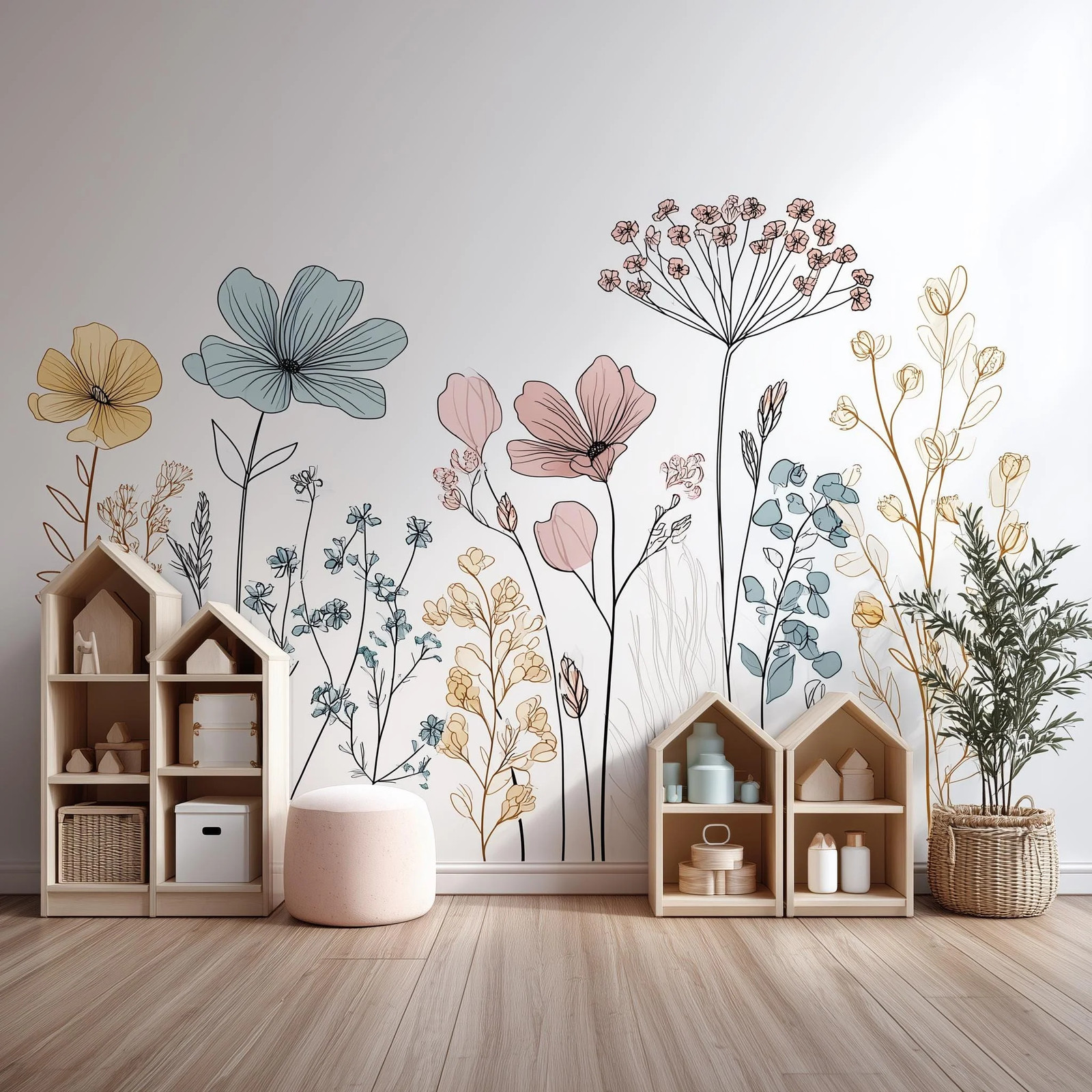 Floral Line Art Wall Decal | Boho Botanical Wall Sticker