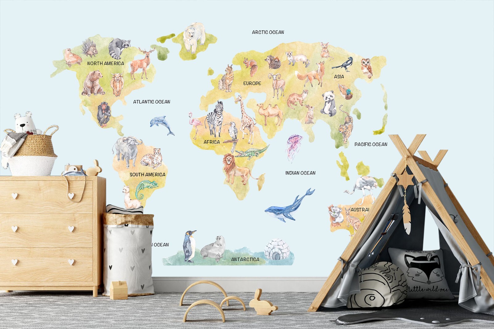 Map Wall Decal with World Representative Animals Removable Fabric Wall Sticker