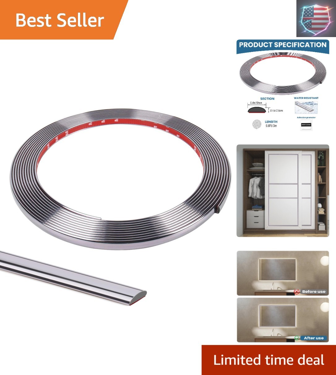 Waterproof Peel and Stick Mirror Tape Border – 9.8 Ft for Easy Installation