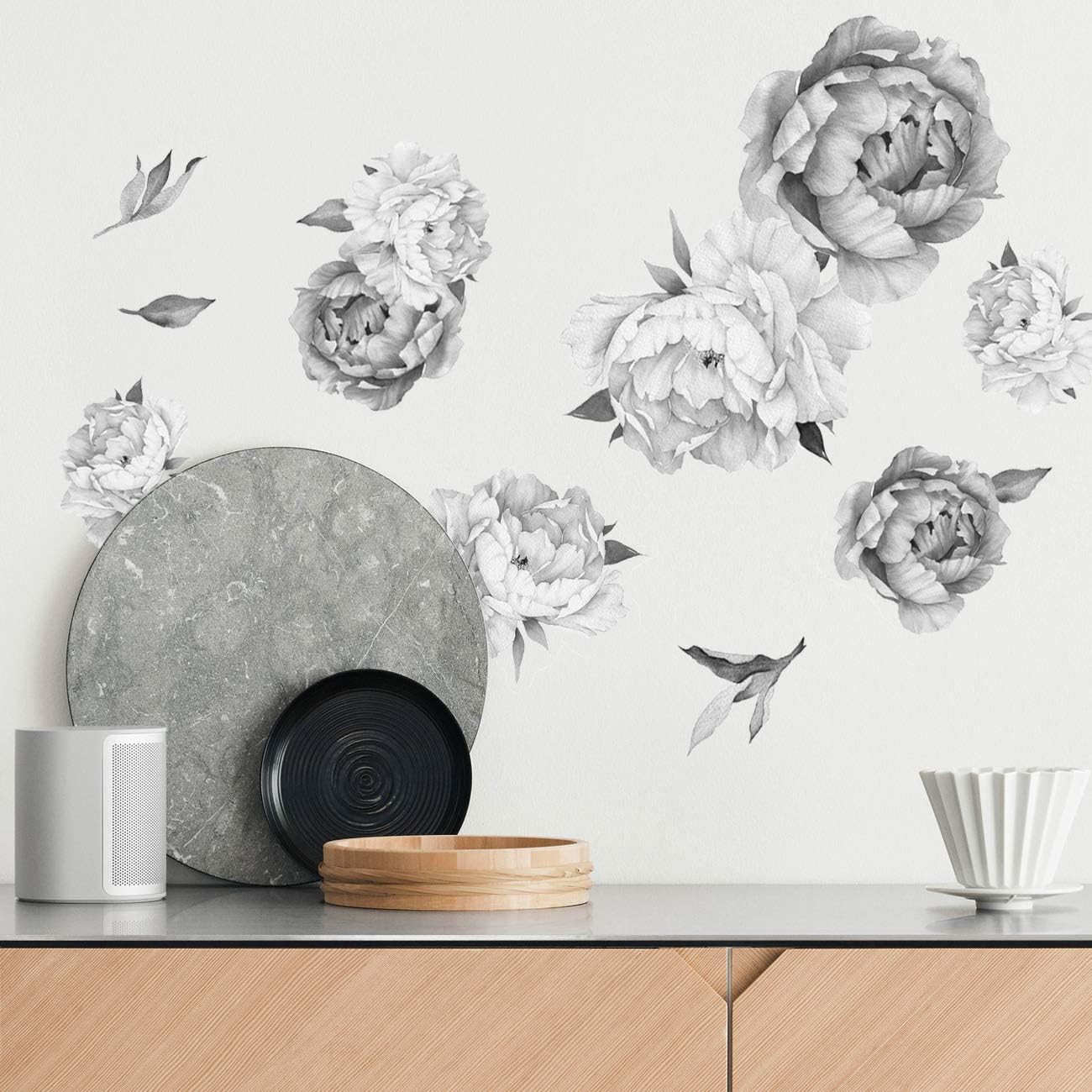 Peony Watercolor Wall Decals (Black and White Watercolor) – Flowers Decals for W