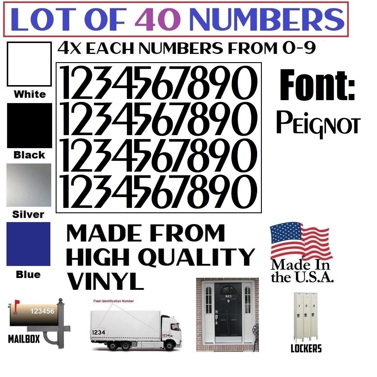 Lot of 40 White,Black,Silver,Blue Vinyl Mailbox,Tool Box,Locker Numbers [Peignot
