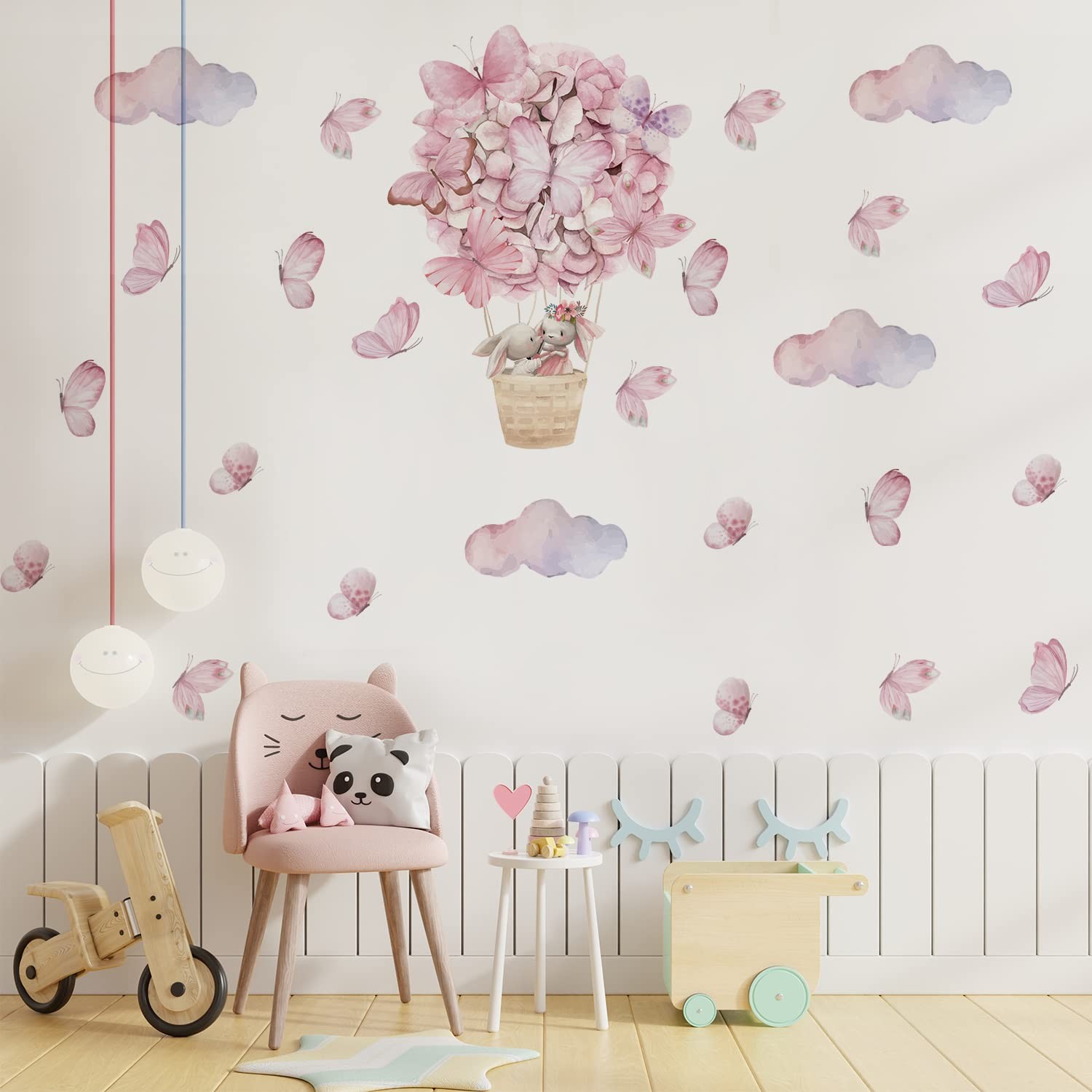 Pink Butterfly Cloud Bunny Hot Balloon Wall Decals, Removable Vinyl DIY Peel …