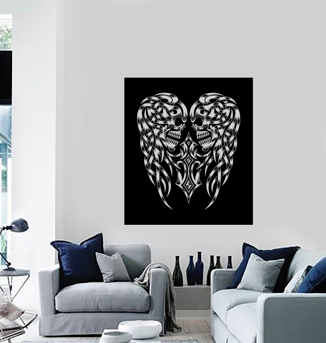 Wall Decal White Ornament on Black Skulls With Cross Decor (n1247)