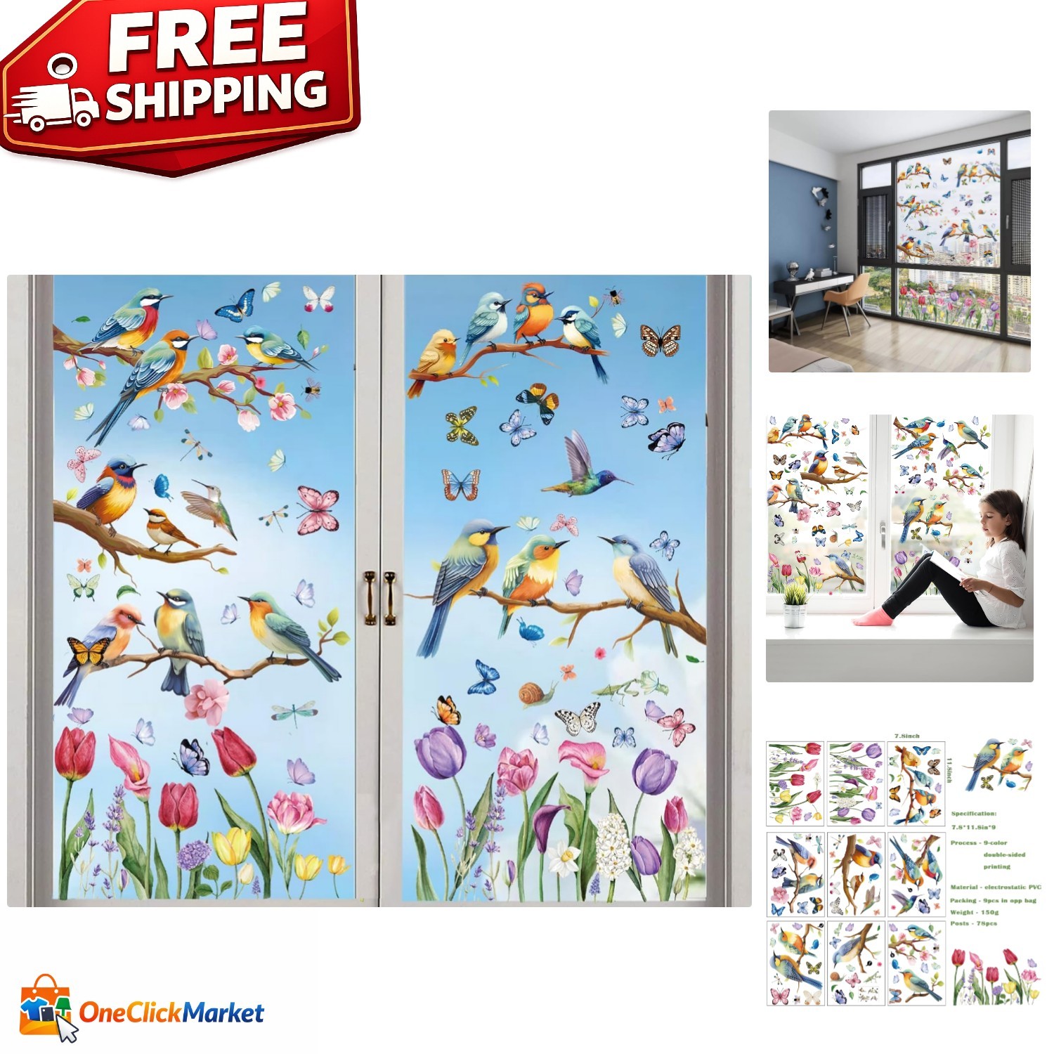 Spring Window Cling Sticker – 78PCS Tulip Butterfly Flower Hummingbirds Windo…