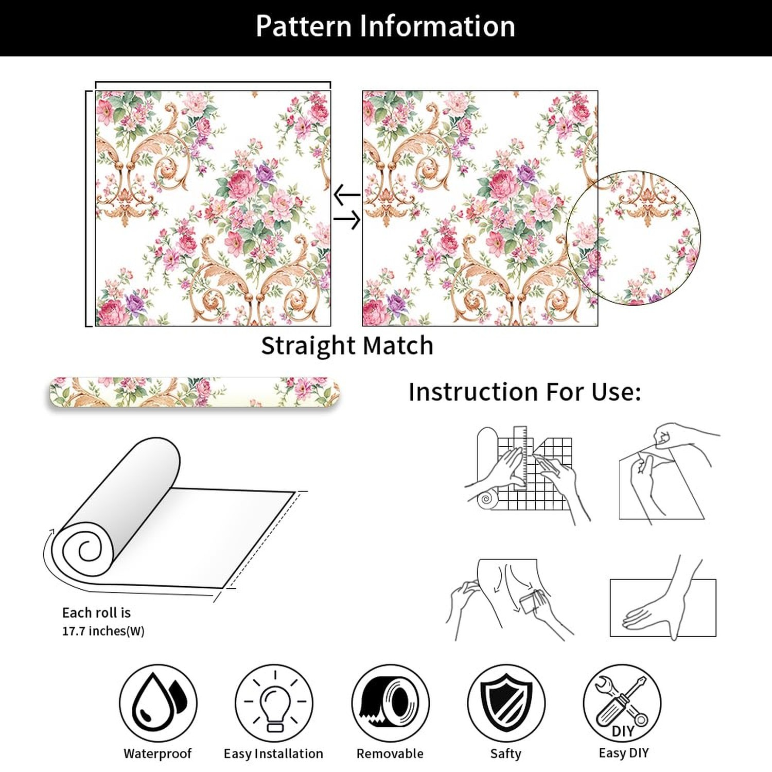 Vintage Pink Damask Flowers Pink Rose Floral Peel and Stick Wallpaper Wall De…