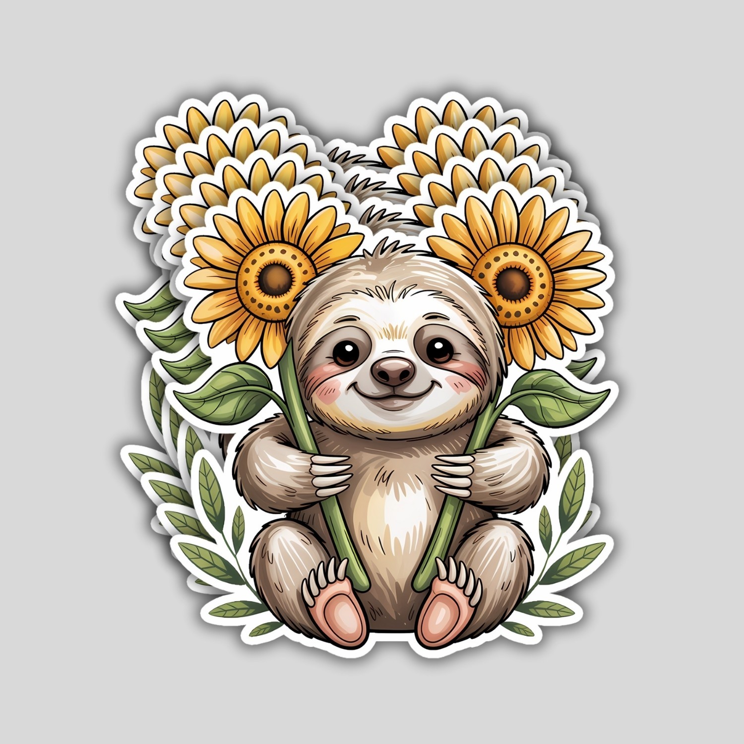 4pcs Sloth with Sunflower Stickers – Cute Floral Animal Vinyl Decals for Laptop