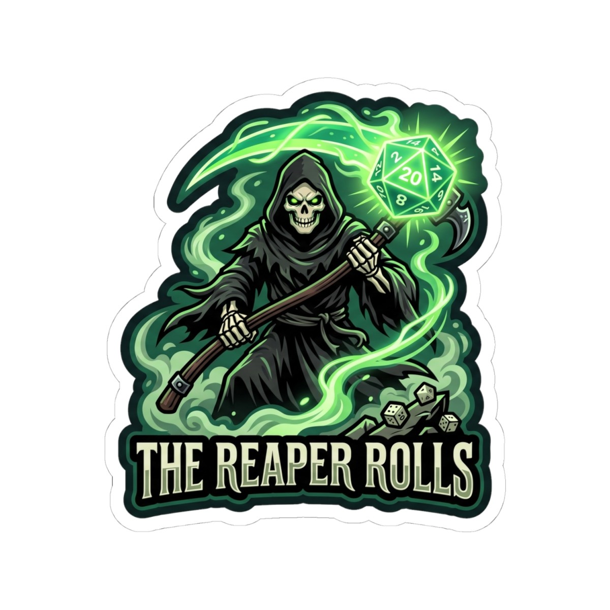 The Reaper Rolls Grim Reaper Tabletop RPG D20 Dice Sticker