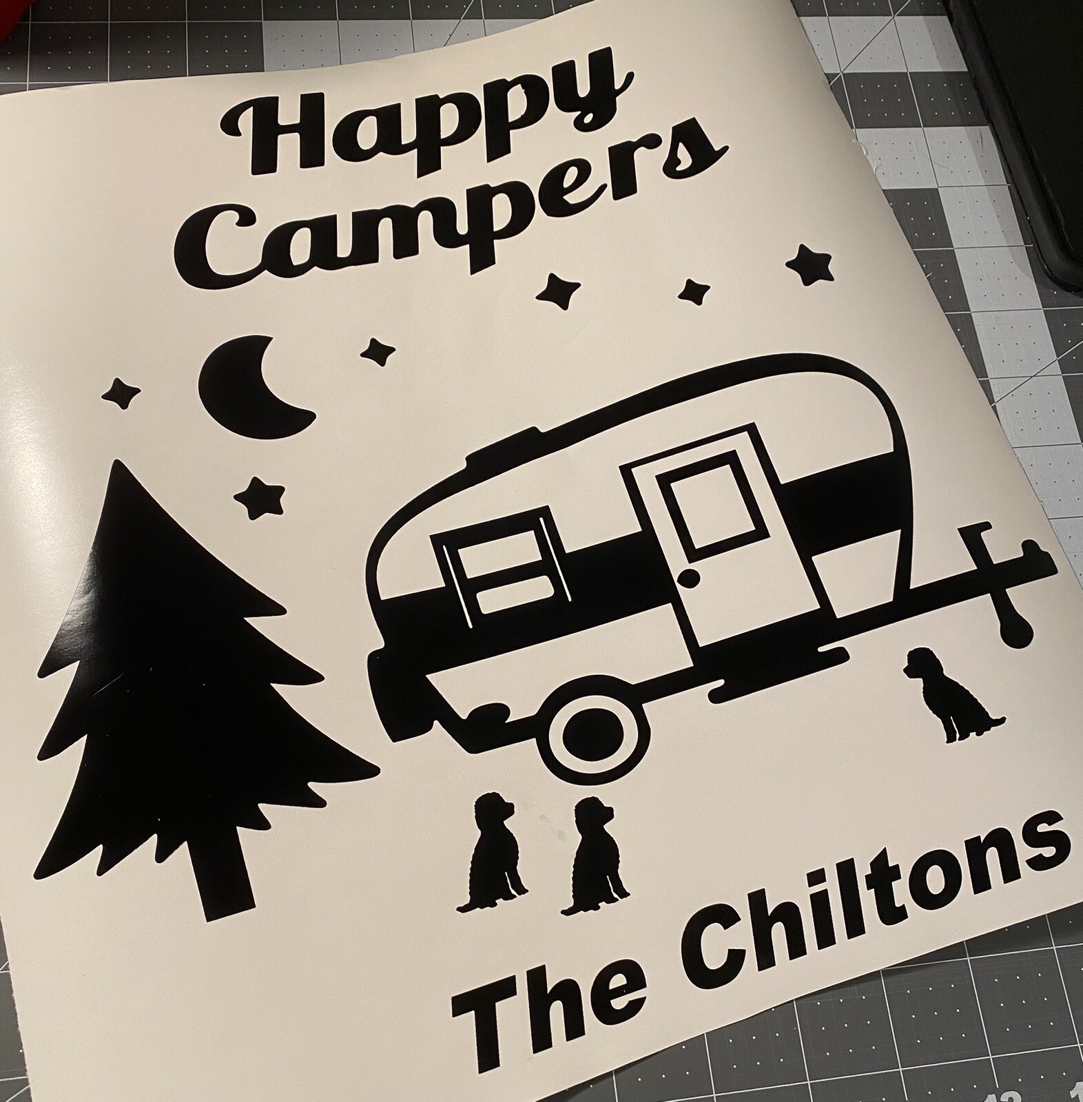 Vinyl Decal – Happy Campers, Campsite (May Customize w/ Name), Various Colors