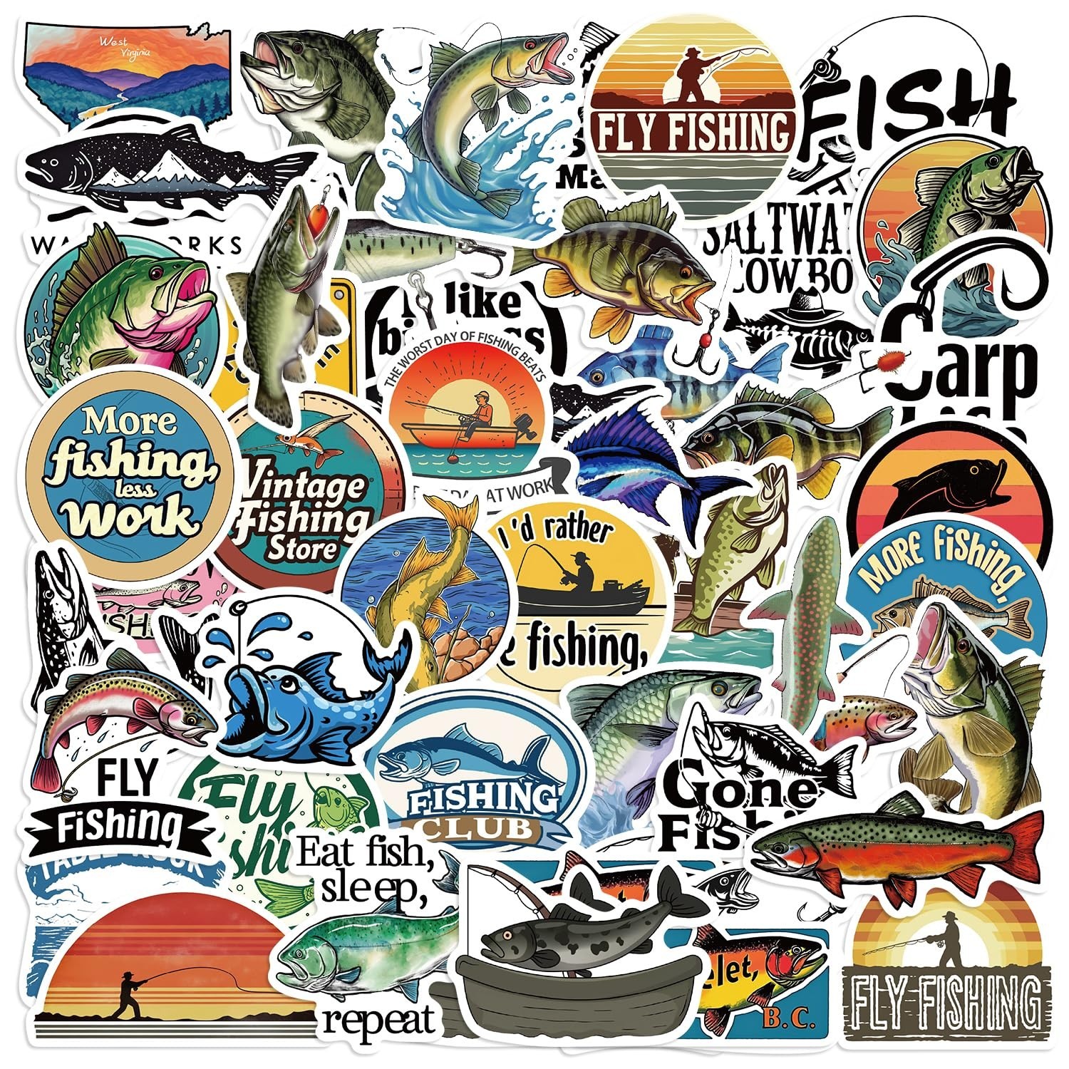 50-Piece Fishing Sticker Pack – Waterproof Vinyl Stickers with Funny Quote