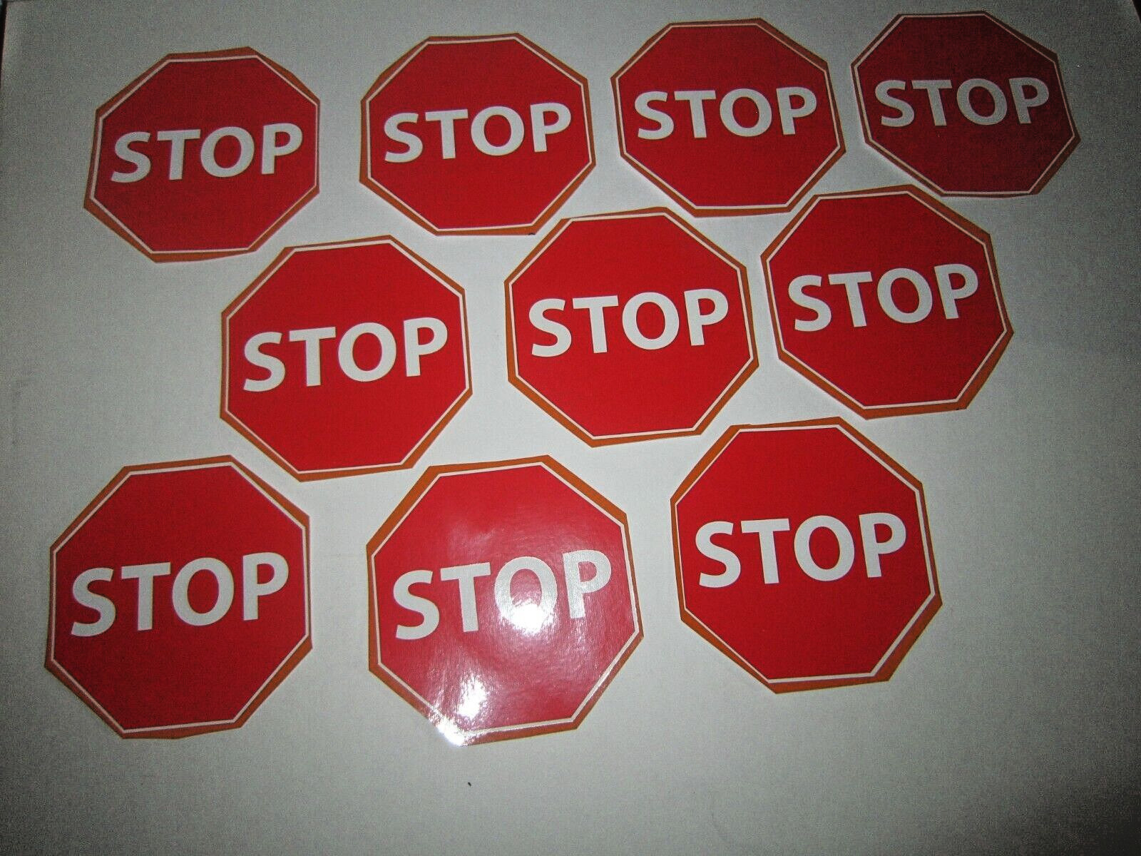 Lot Of 10 Stop Sign Stickers, High Quality Vinyl Decals 3-3/4" Octagon Shape