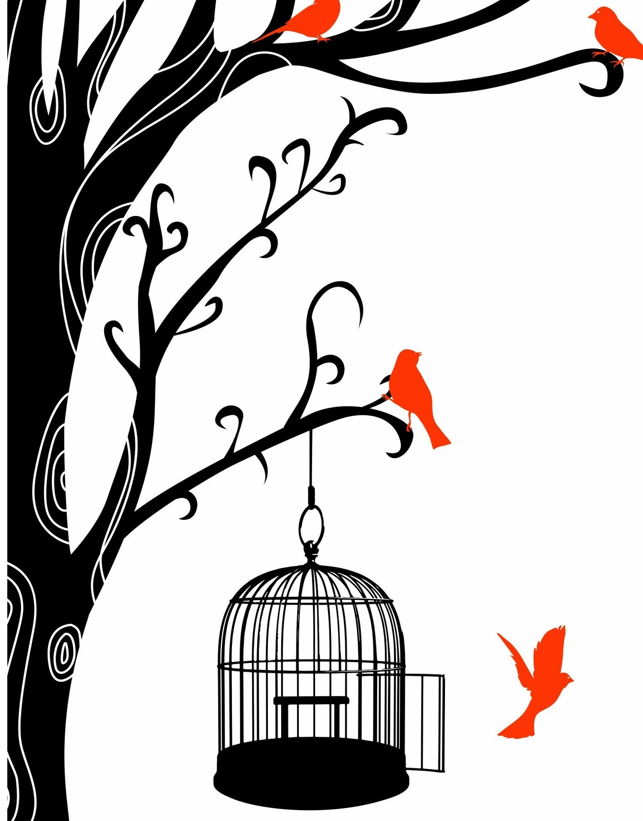 Swirly Tree with Bird Cage Wall Decal Sticker. #6148